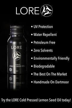 LORE Cold Pressed Lemon Seed Fingerboard Oil – promotional image by Moorland Distribution